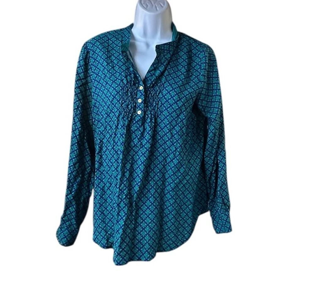 Liza Byrd Teal Blue Boho Print Long Sleeve Blouse S